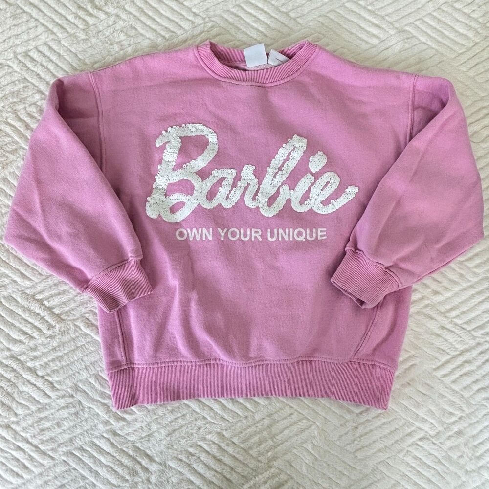 Zara Girls Size 11-12 Barbie Pink Sequin Logo Crewneck Sweatshirt Pullover Top